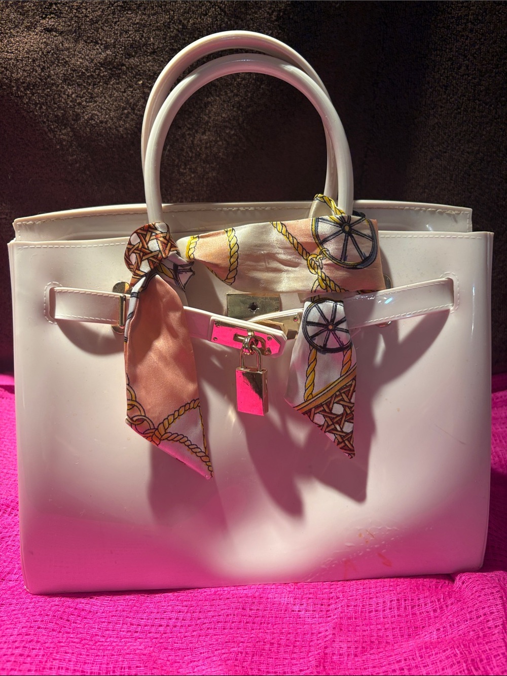 White Patent Tote Handbag with Decorative Scarf